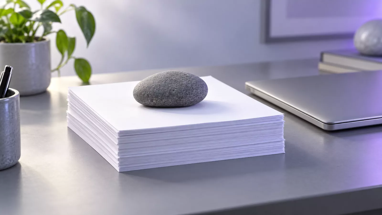 Stack of blank paper under a grey stone beside a laptop, showing PDF files kept after you remove Adobe Acrobat from Mac