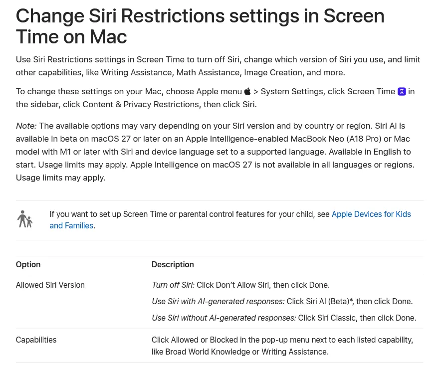 Apple Screen Time guide for macOS 27 with Allowed Siri Version and Capabilities options