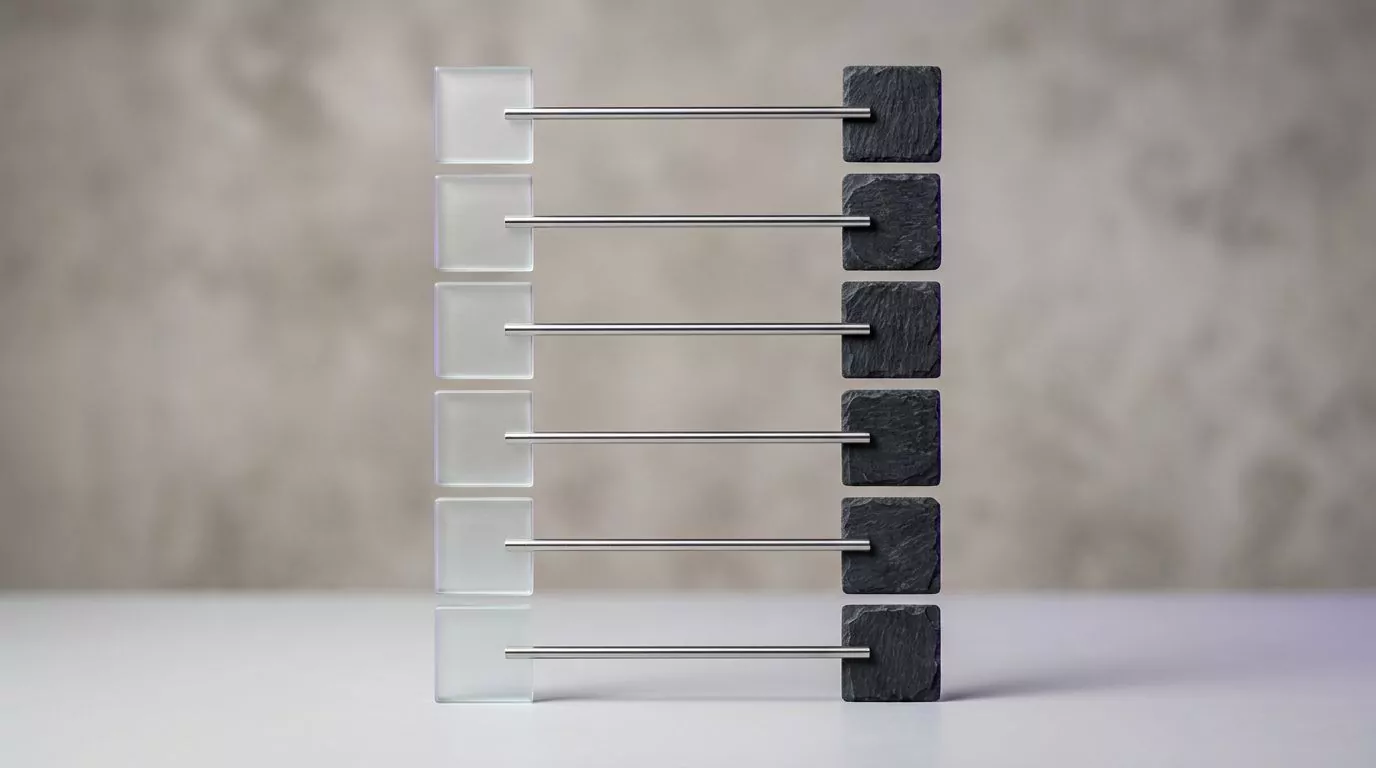 Six frosted tiles each linked by a steel rod to a slate tile, pairing six cleanup jobs with six macOS locations