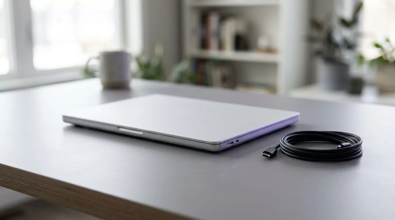 Closed silver laptop with a coiled cable on a quiet desk, standing for the final check after you uninstall Docker