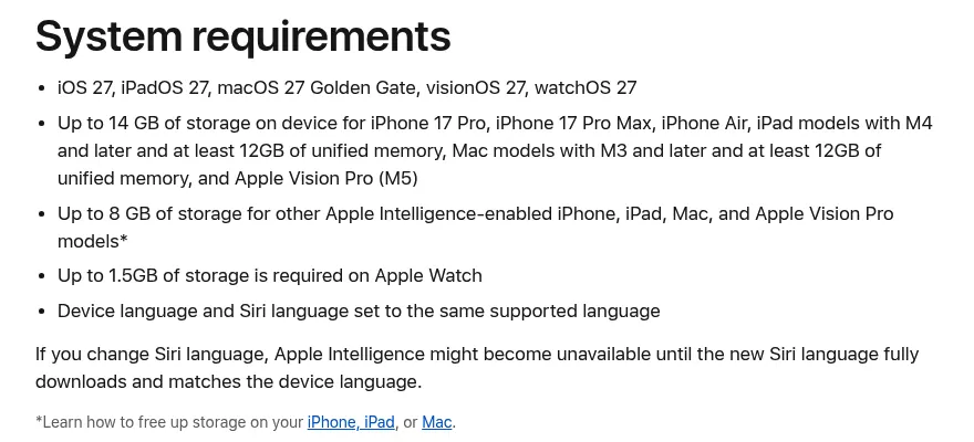 Apple Support page listing Apple Intelligence storage on macOS 27: up to 14 GB or up to 8 GB on Mac
