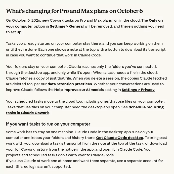 Claude Help Center section on the October 6 change that moves new Pro and Max Cowork tasks to the cloud