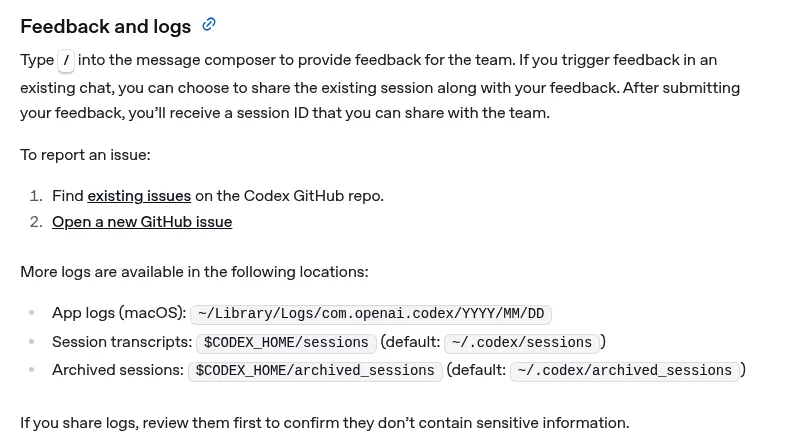OpenAI troubleshooting page listing ChatGPT app logs in ~/Library/Logs/com.openai.codex and sessions in ~/.codex