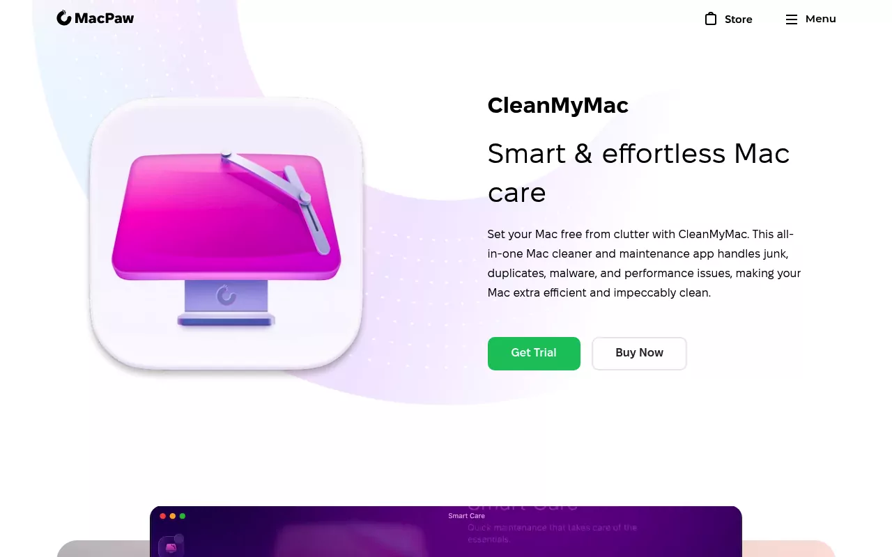 CleanMyMac product page on the MacPaw site, with the Smart and effortless Mac care headline above Get Trial and Buy Now buttons