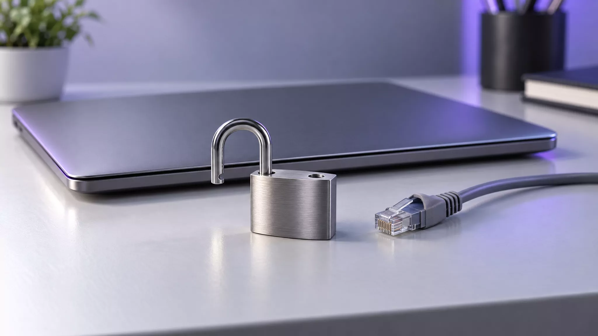 Open padlock and unplugged network cable by a closed laptop, standing for a GlobalProtect network extension withdrawn