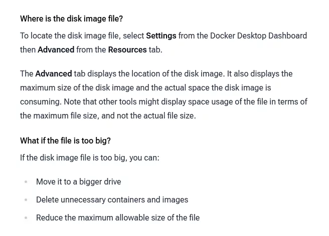Docker docs Mac FAQ on where the Docker.raw disk image file lives and how Settings shows its real size