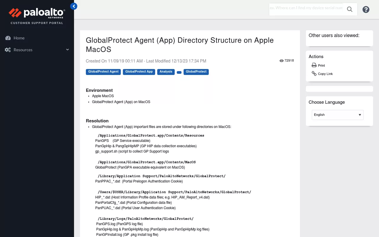 Palo Alto knowledge base article listing GlobalProtect folders on macOS, from the app bundle to the Library logs