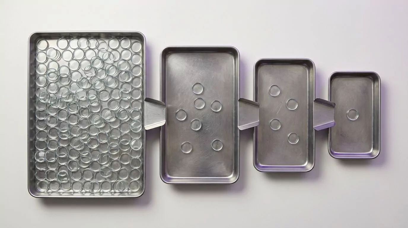Four trays narrowing from many identical discs to one, how a duplicate file search narrows down