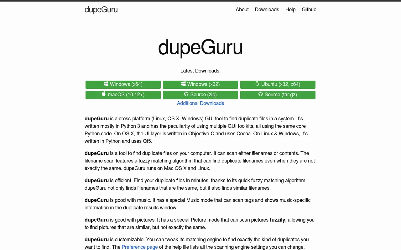 The dupeGuru site, with its macOS download button above the cross platform duplicate file finder description