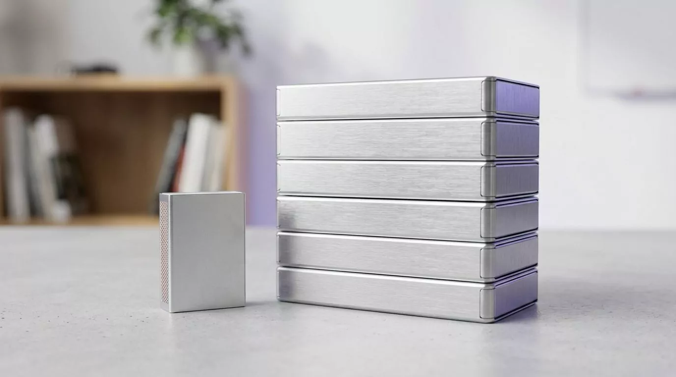 Small matchbox beside a tall stack of drives, showing how small the Xcode app is next to its leftovers