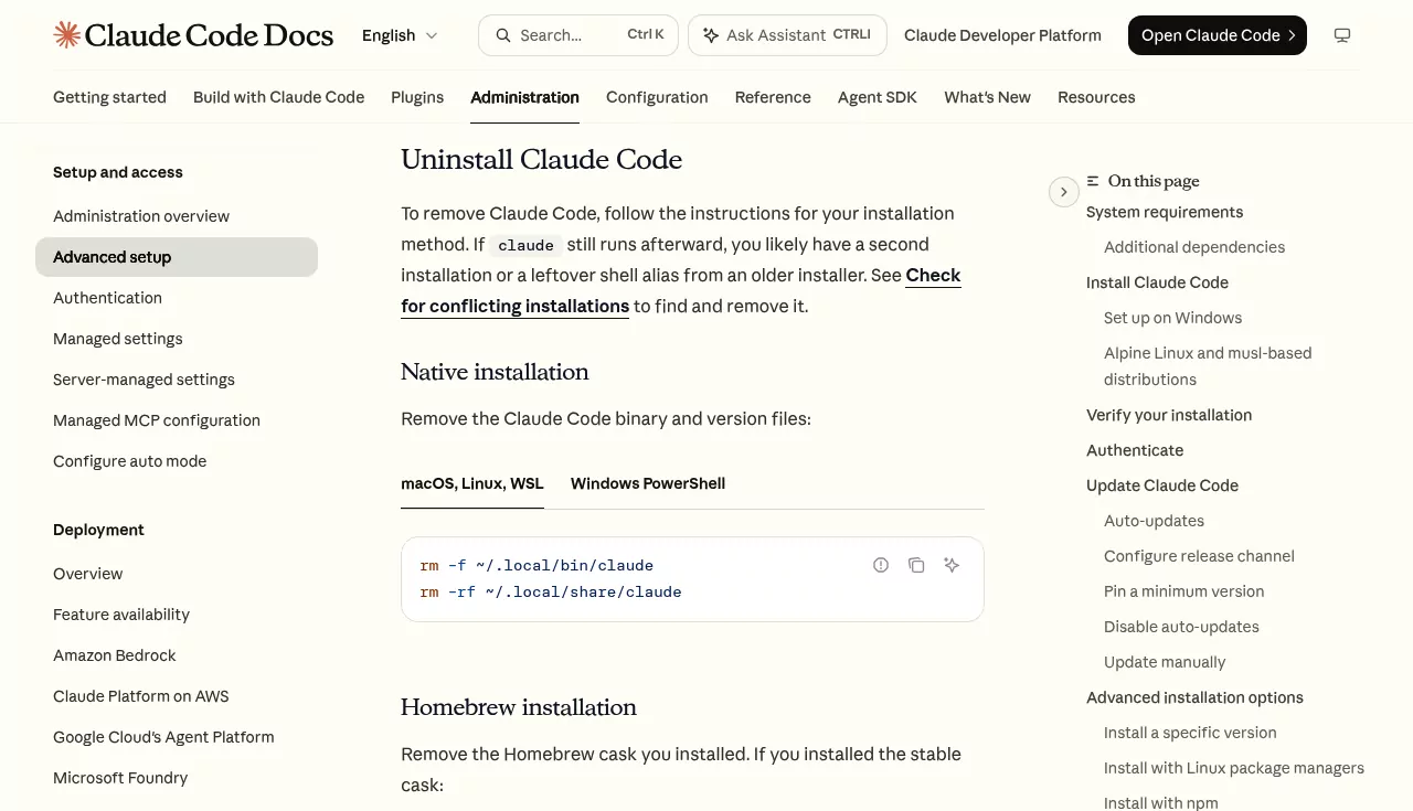 Anthropic's Uninstall Claude Code section with the native install commands to uninstall Claude Code on Mac