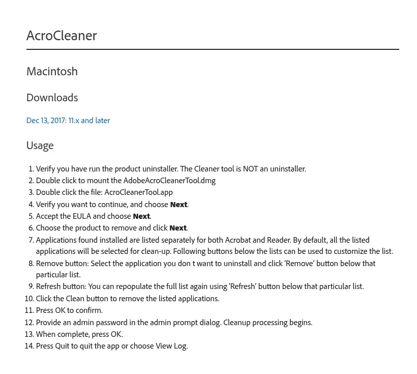 Macintosh section of Adobe's AcroCleaner page with the steps to remove Adobe Acrobat and Reader leftovers
