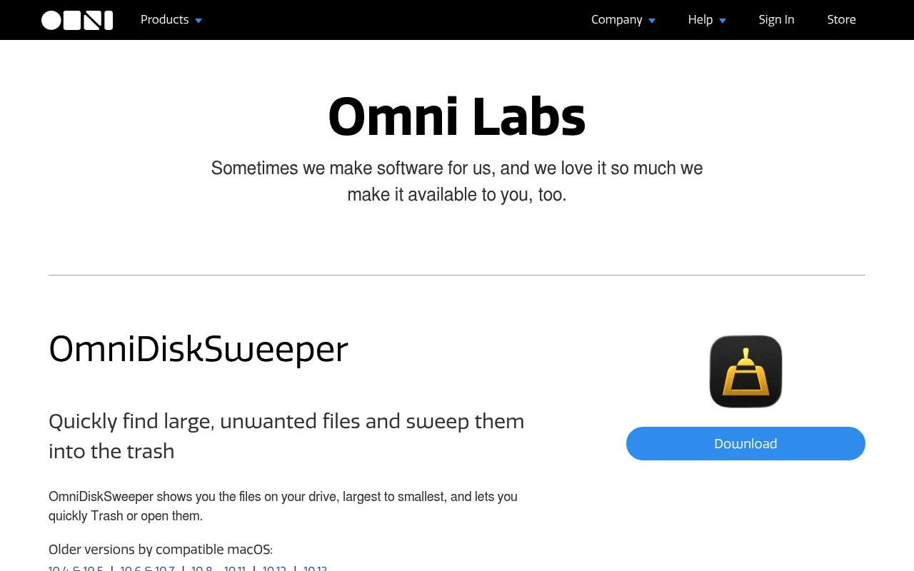 The Omni Labs page for OmniDiskSweeper, the free Mac tool that lists drive files largest to smallest, with its download button