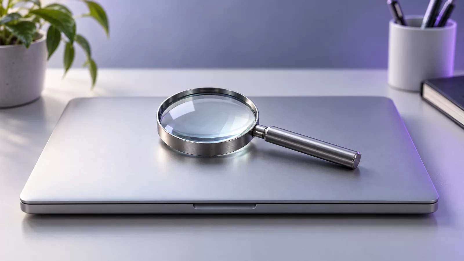 Magnifying glass on a closed laptop, standing for the final check that no Acrobat process is still running