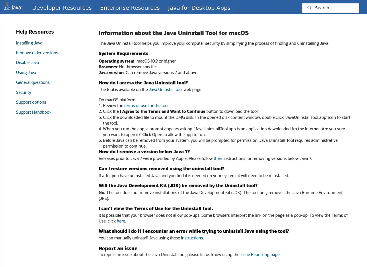 Oracle FAQ for the Java Uninstall Tool for macOS listing system requirements and noting it removes the JRE, not the JDK