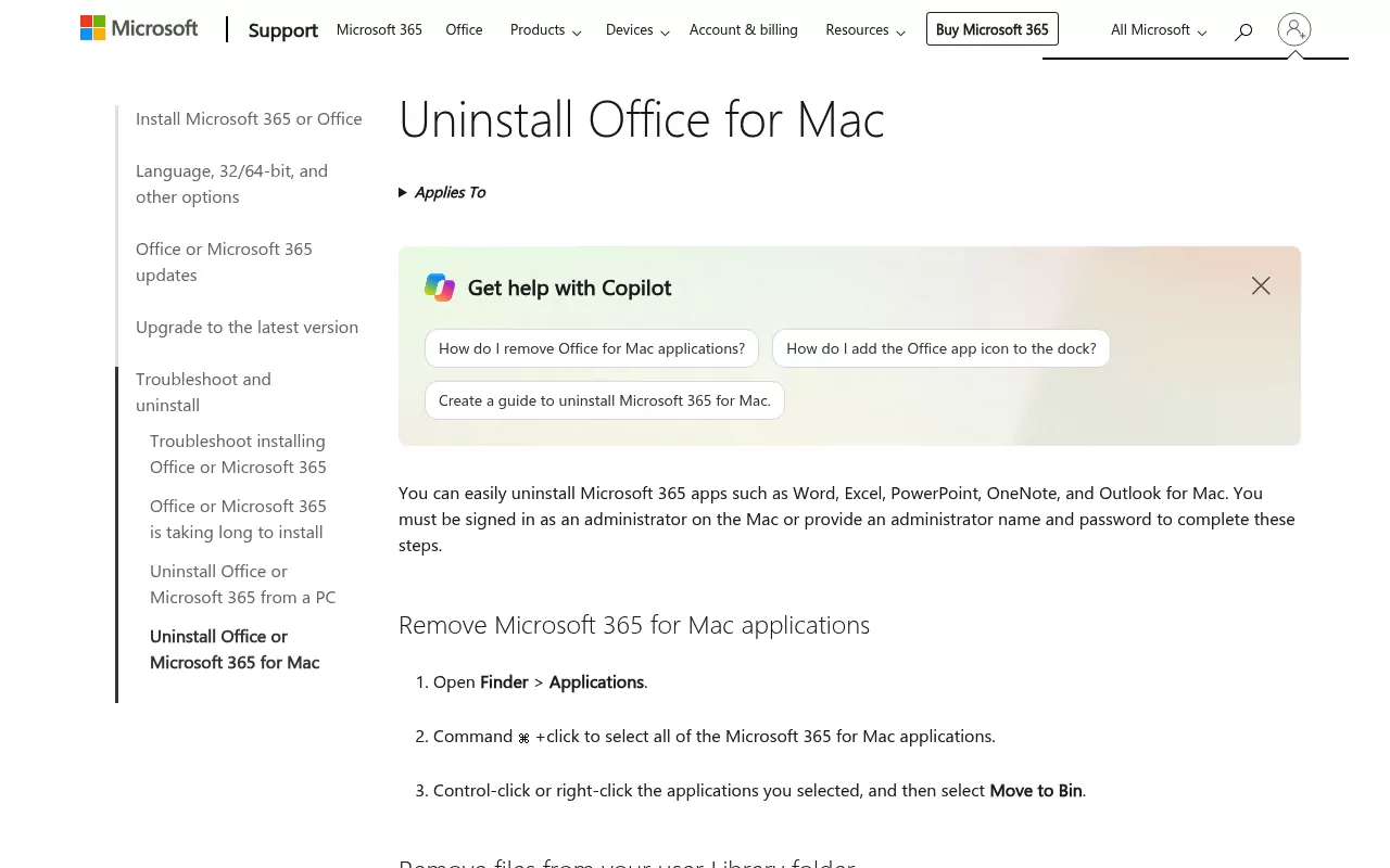 Microsoft Uninstall Office for Mac page showing the steps to move the Office apps to the Trash