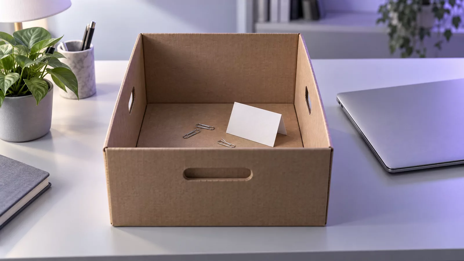 Nearly empty box with a few paper clips beside a laptop, standing for Malwarebytes leftover files to remove from Mac