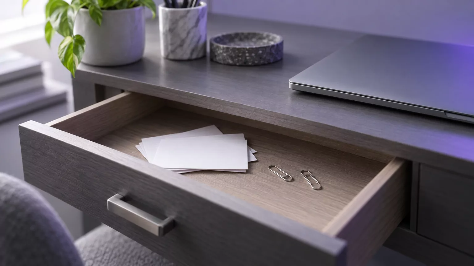 Open desk drawer with loose cards and paper clips, standing for Creative Cloud leftovers after you uninstall on a MacBook