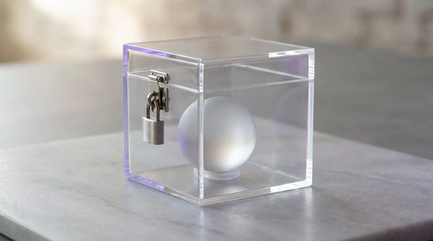 Glass sphere locked in a clear case, standing for Apple Intelligence storage held in protected macOS system assets
