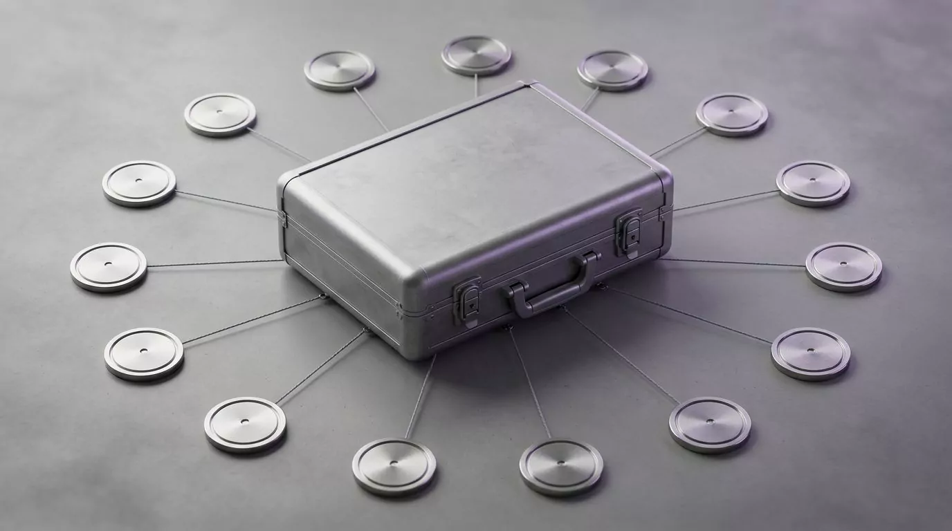 One central case ringed by twelve small tokens on threads, showing an app and the leftover files tied to it
