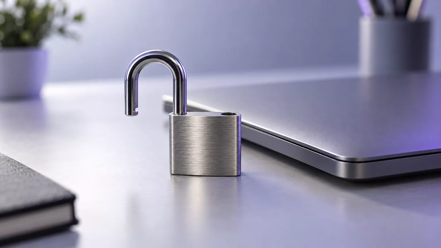 Open steel padlock beside a closed laptop, standing for Adobe background permission being switched off