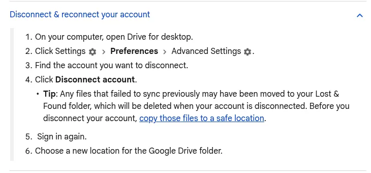 Google Drive help steps to disconnect an account, with the tip to copy Lost and Found files first