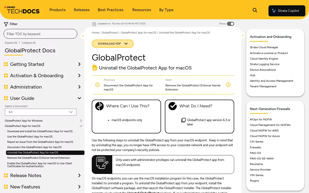 Palo Alto Networks page to uninstall the GlobalProtect app for macOS, with the administrator rights note
