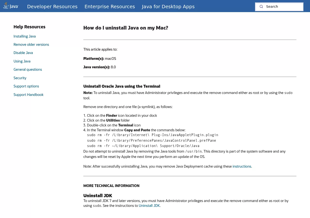 Oracle help page with the three Terminal commands that uninstall Java from Mac and a note to leave /usr/bin alone