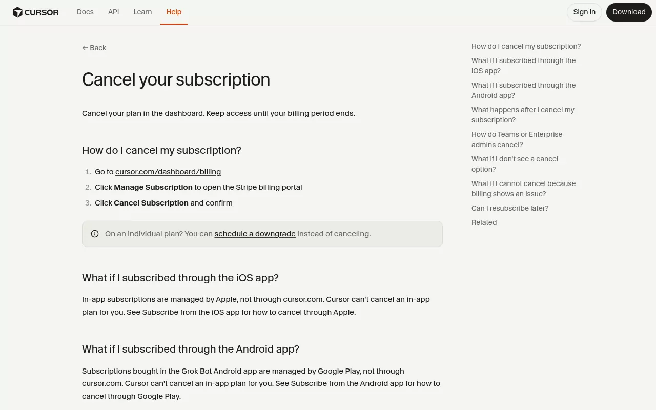 Cursor help page with the three steps to cancel a Cursor subscription from the billing dashboard
