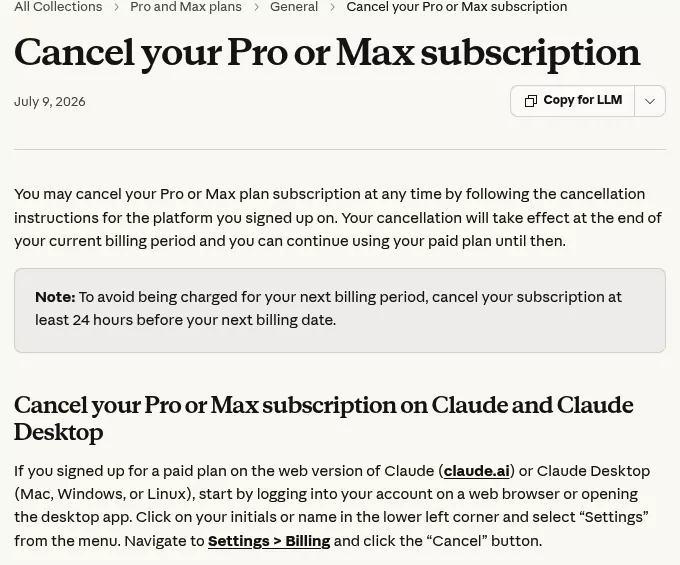 Claude Help Center page on cancelling a Pro or Max subscription from the Billing settings