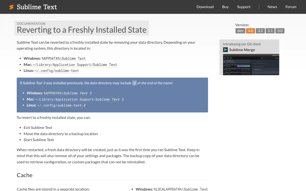 Sublime Text documentation page listing the Mac data directory under Library Application Support