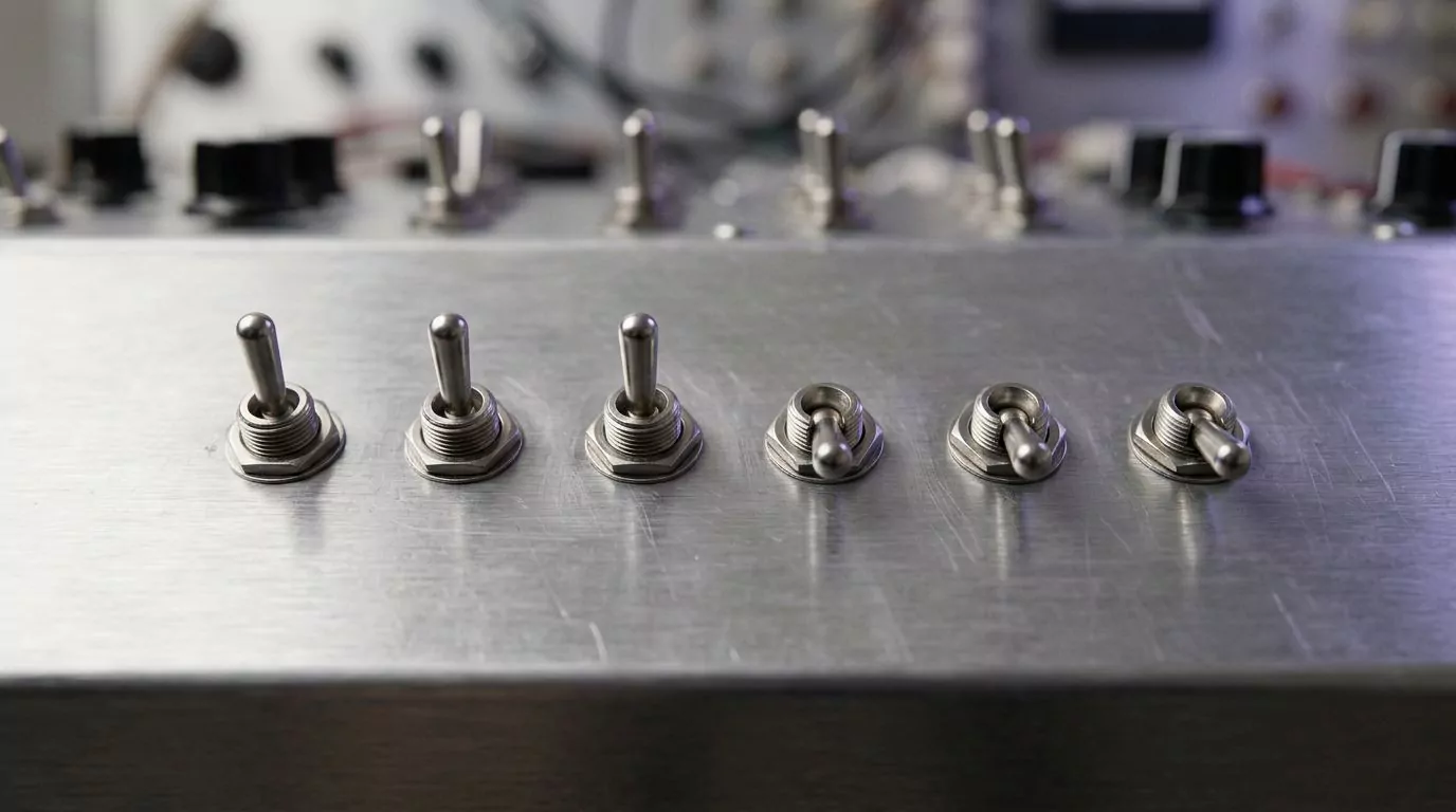 A row of six toggle switches, three up and three down, showing login items and background items turned off