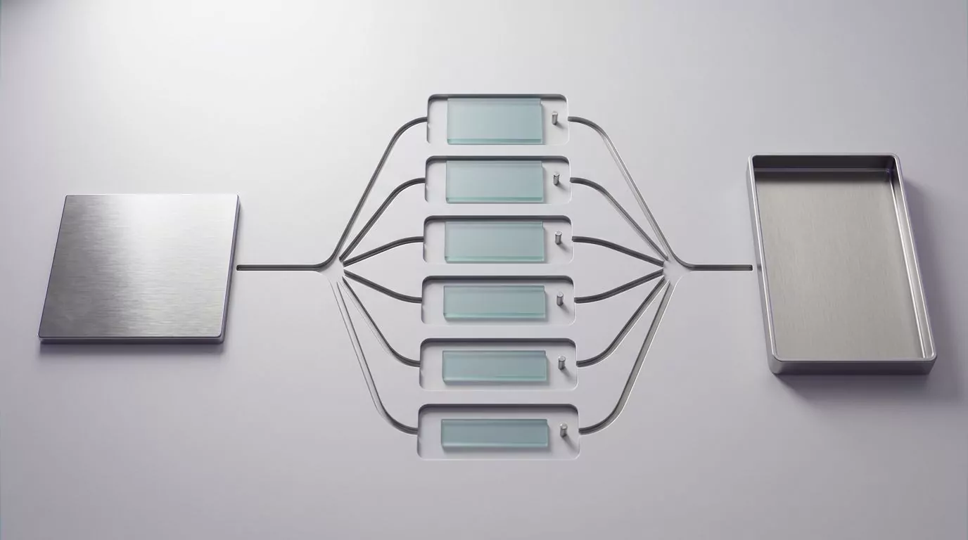 One app tile branching into six ticked file plates merging into one tray, the leftovers AppCleaner alternatives target