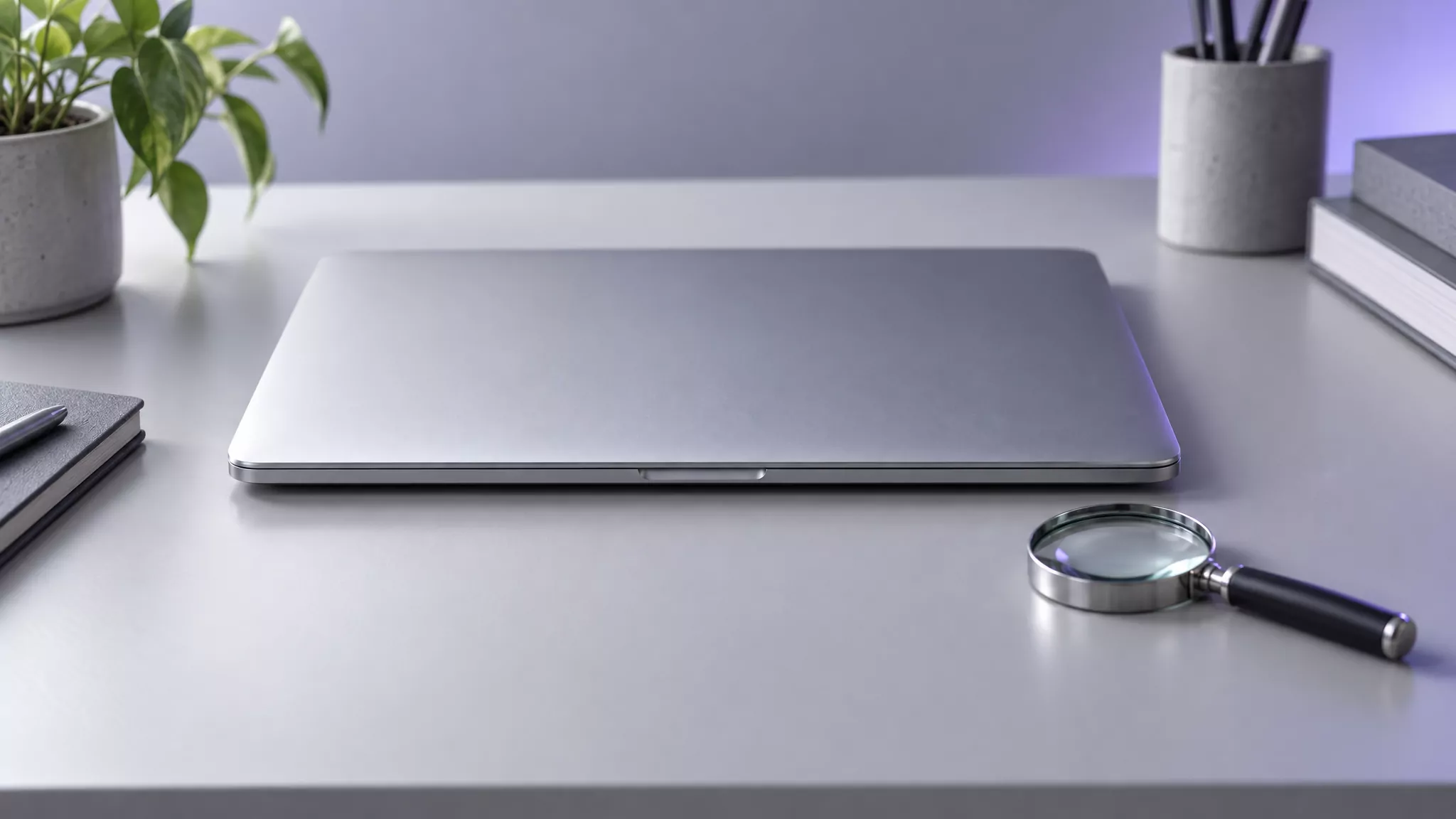 Closed laptop with a magnifying glass beside it, for the final check that Java is gone after you uninstall Java from Mac