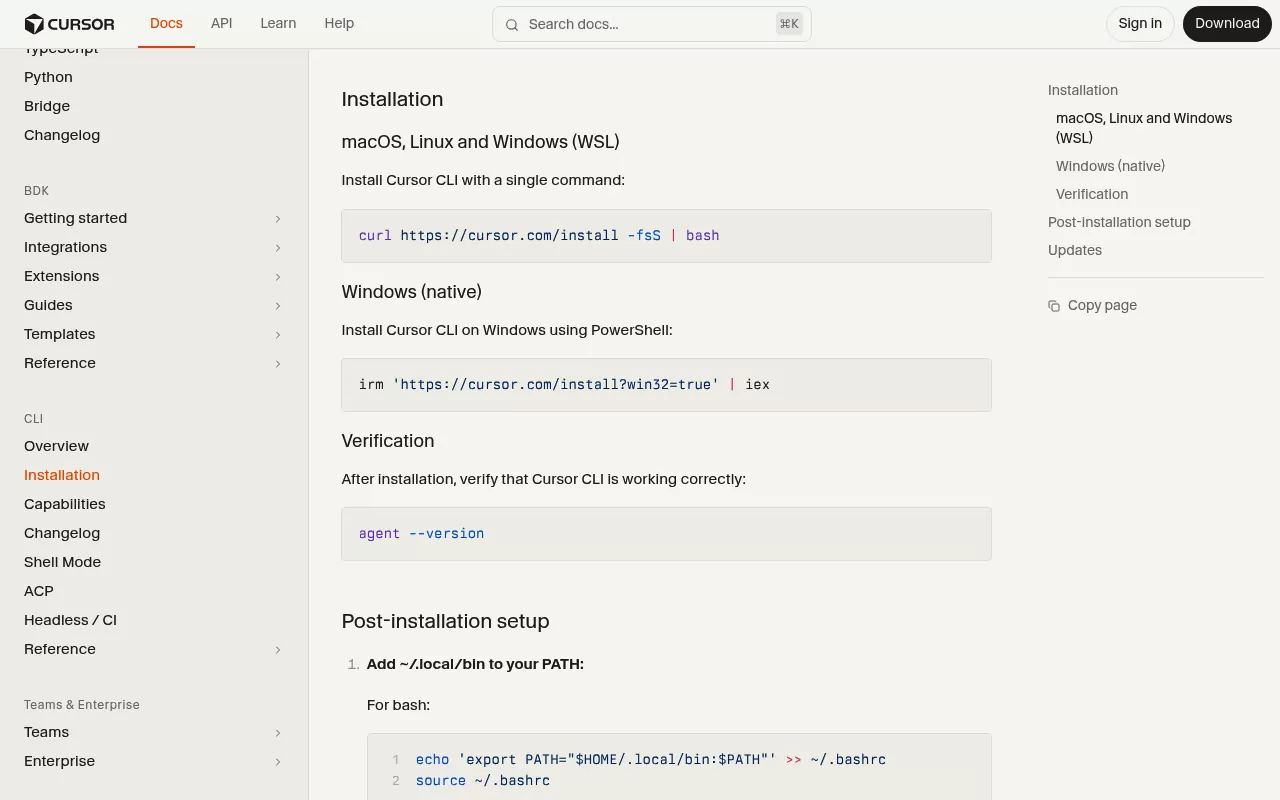 Cursor CLI install docs showing the curl install command and the step that adds ~/.local/bin to PATH