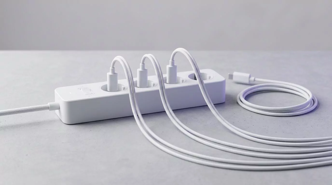 White power strip with three cables plugged in and one unplugged, standing in for removing Mac login items