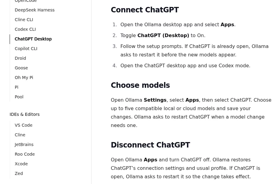 Ollama's ChatGPT Desktop guide with the Connect, Choose models and Disconnect ChatGPT steps