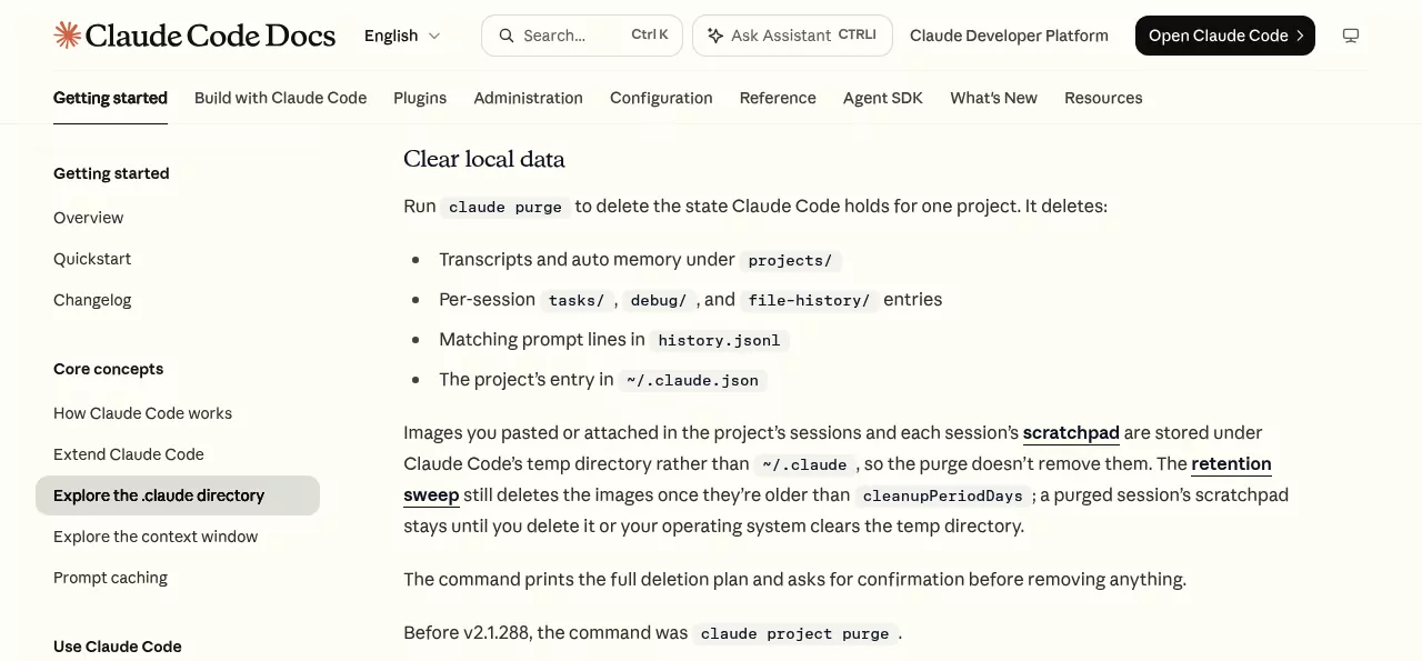 Anthropic docs on claude purge, listing the project data it deletes and the temp folder it skips