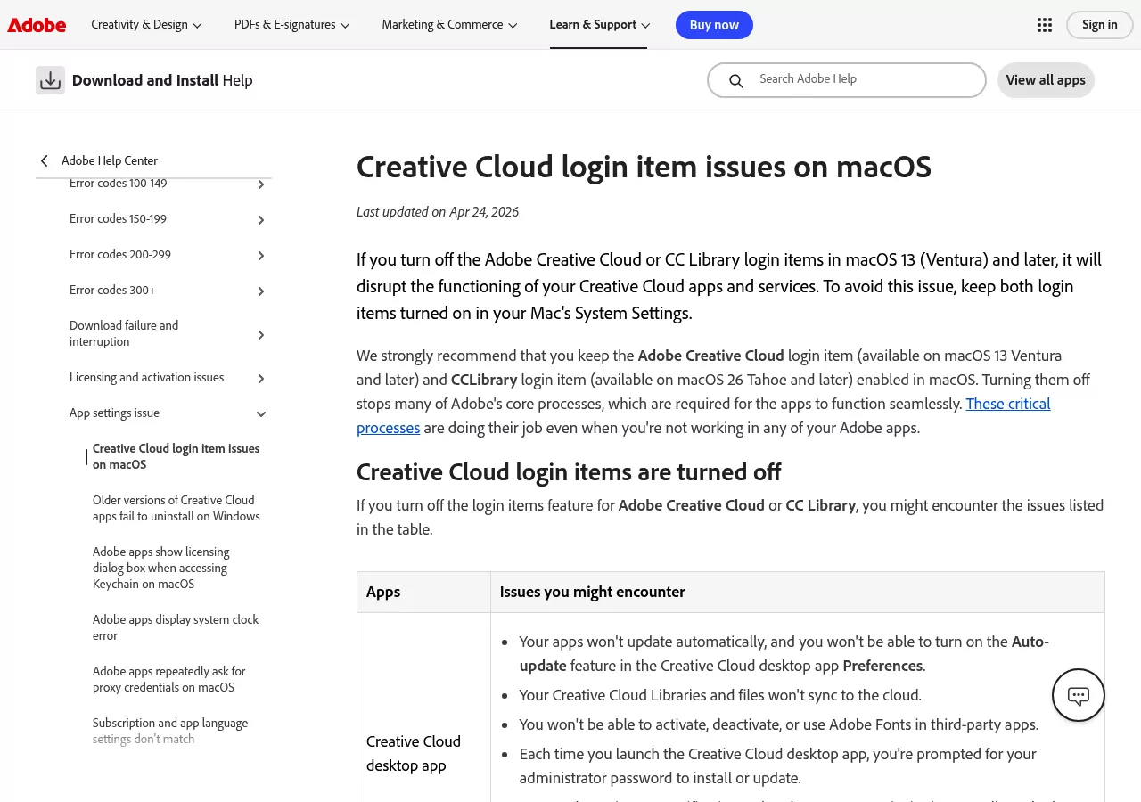 Adobe help page naming the Adobe Creative Cloud and CCLibrary login items on macOS
