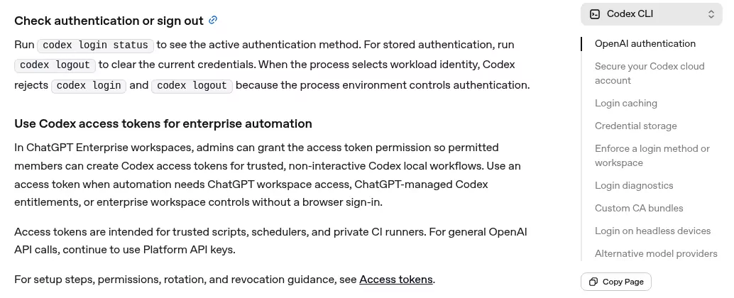 Codex CLI logout steps on OpenAI's authentication page: codex login status, then codex logout
