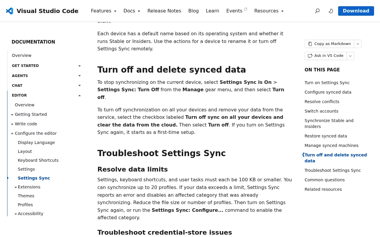 VS Code Settings Sync docs showing the checkbox that turns off sync and clears the data from the cloud