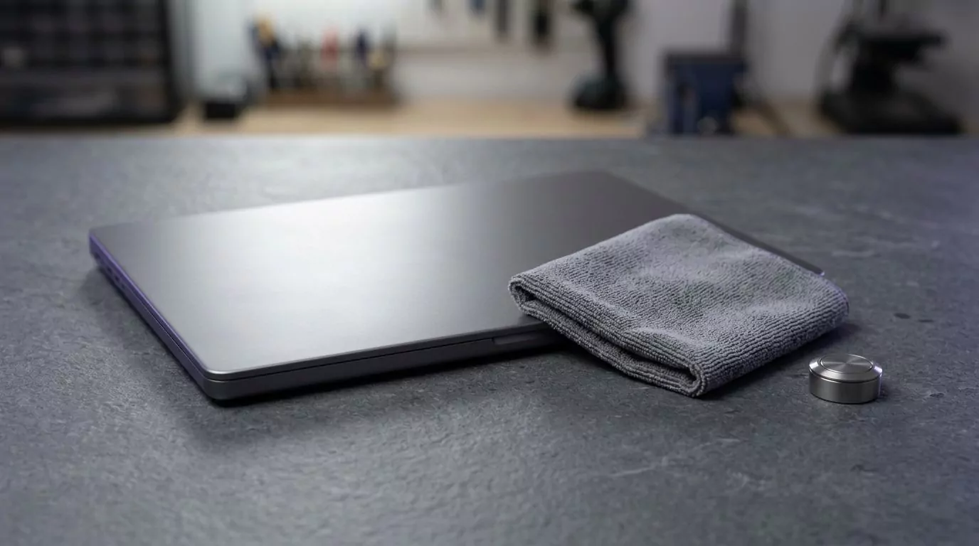 Closed laptop with a folded cloth and a small metal button, standing for the restart that completes Kaspersky removal