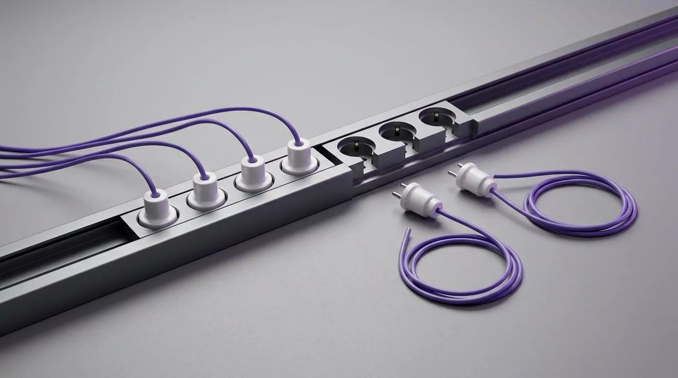 A power rail with four plugs still seated and two pulled out, like login items switched off on a Mac