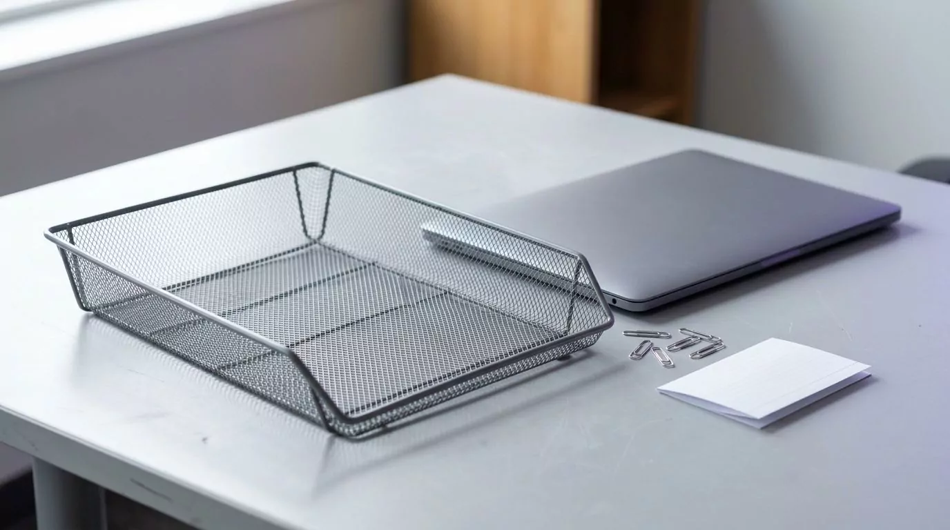 Empty desk tray and paper clips beside a laptop, standing for Kaspersky leftover files on Mac