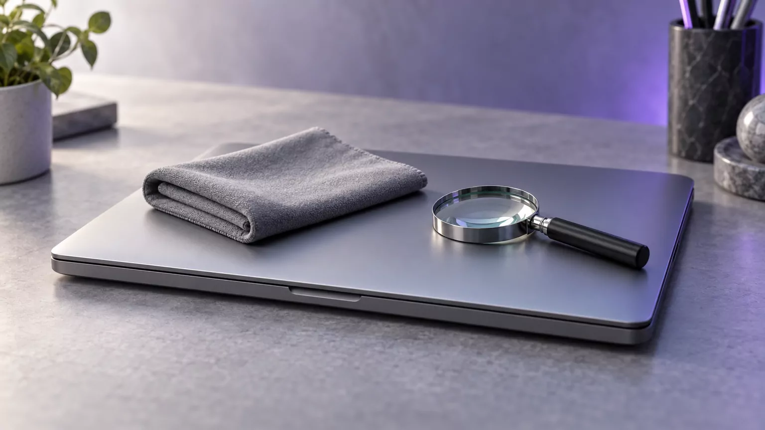 Closed laptop with a folded cloth and a magnifying glass, standing for the final check after you uninstall Creative Cloud