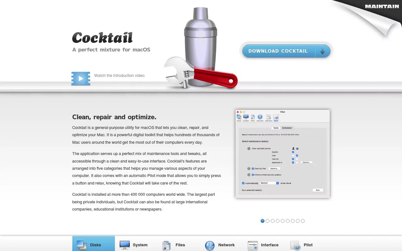 The Cocktail website from Maintain in Sweden, showing the download button and a shot of the app's Pilot maintenance window