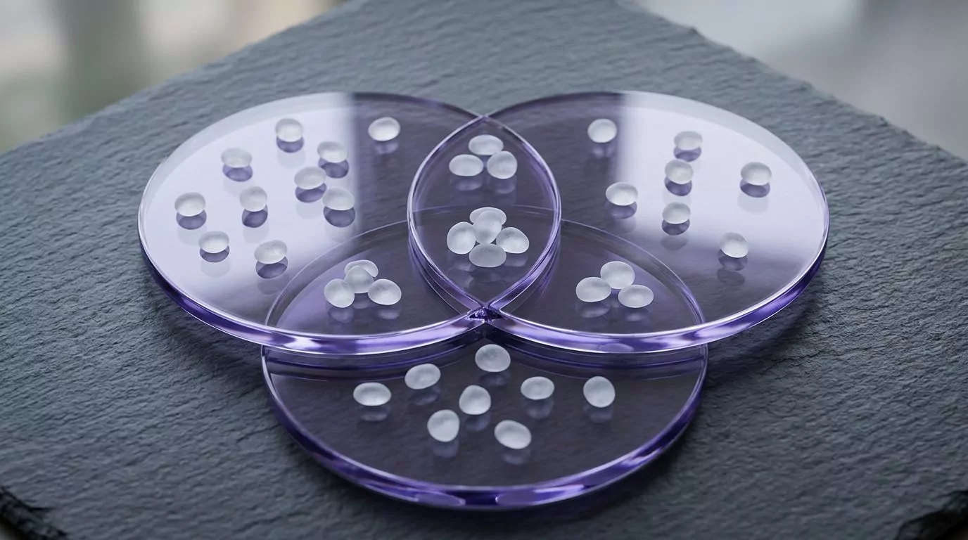 Three overlapping violet discs of pebbles, splitting Mac cleanup tools across uninstalling, disk maps and maintenance