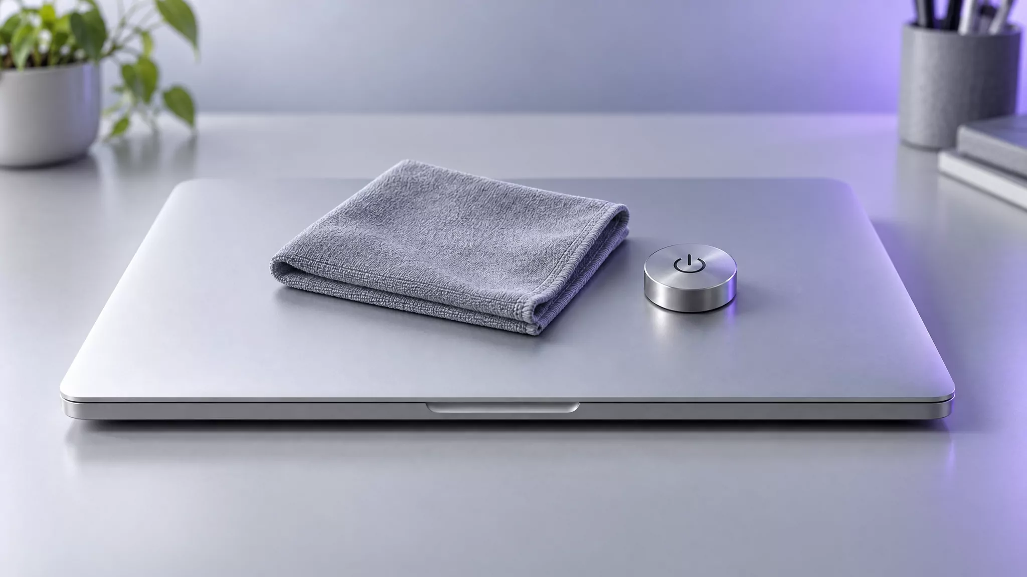 Closed laptop with a folded cloth and a power button, standing for the restart that finishes uninstalling Spotify on Mac