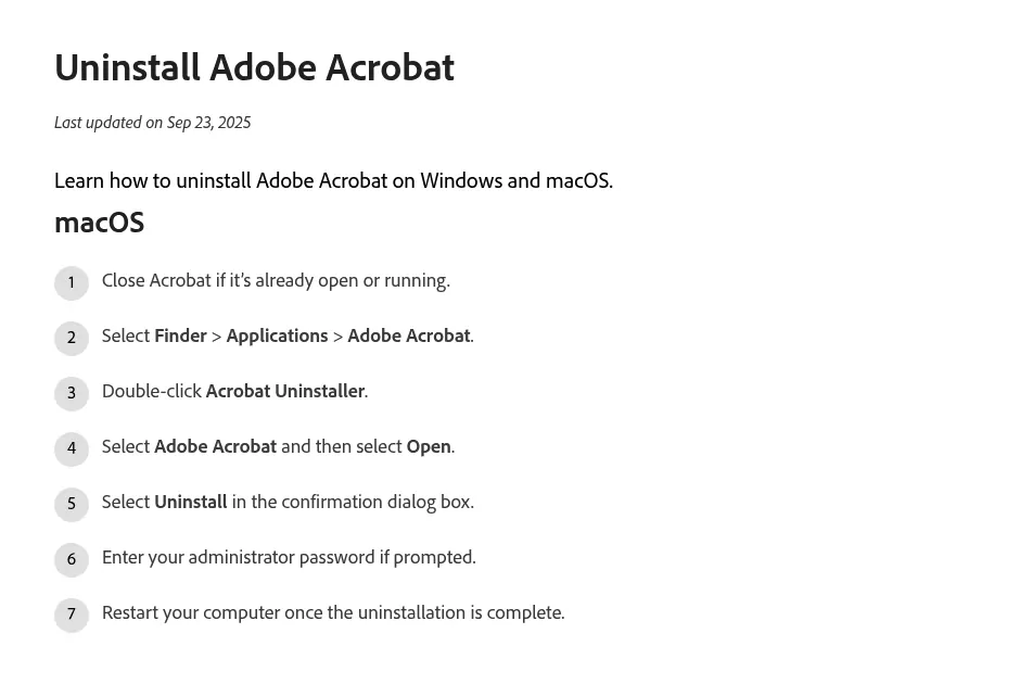 Adobe help page listing the seven macOS steps to uninstall Adobe Acrobat on Mac with Acrobat Uninstaller