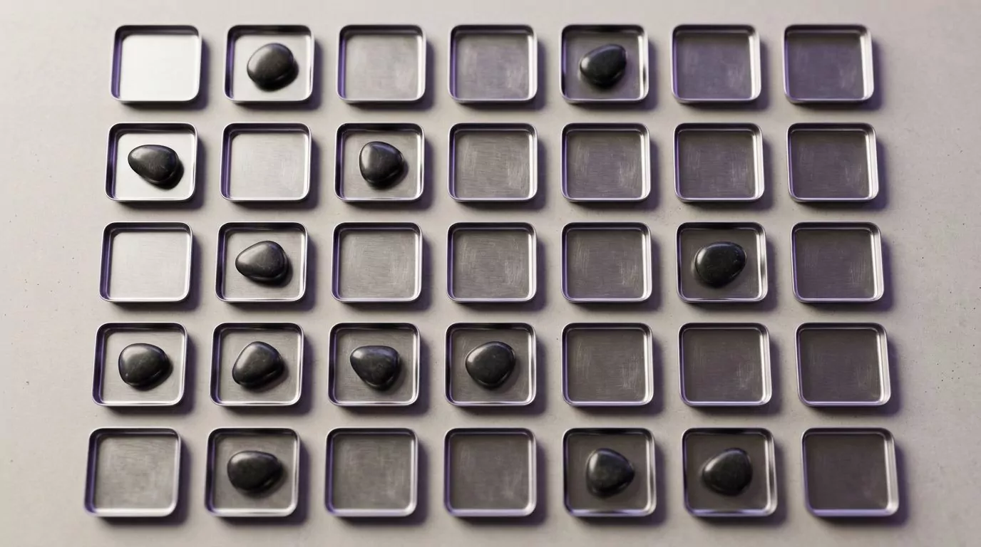 A grid of small metal trays, some holding a stone and many empty, like a comparison table with gaps